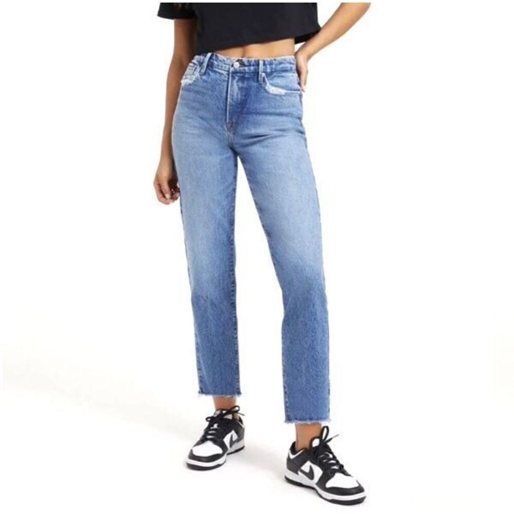 Good American 15 Good Vintage High Rise Raw Hem Frayed Distressed Straight Leg